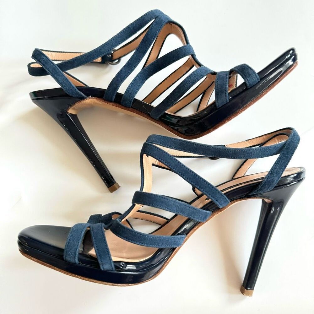 Bacta Dei Toi Made In Italy Mixed Leather 4.5” Heel Navy Sandals Size 37 6.5